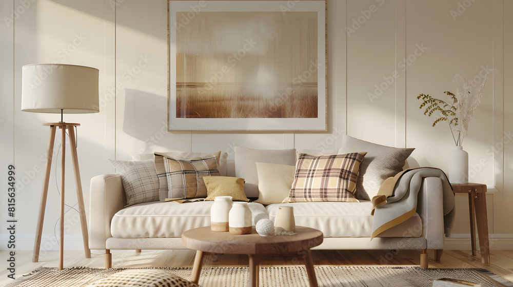 Obraz premium Domestic and cozy interior of living room with mock up poster frame modern beige sofa oval wooden coffee table round pillows braided plaid vintage rug wooden floor lamp and personal ac : Generative AI
