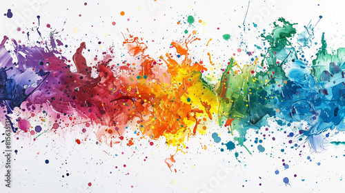 Bold, splattered paint in a rainbow of colors, creating an energetic and chaotic abstract composition on a white background.