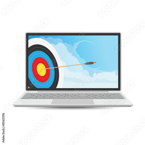 Arrow hit the target in the center on laptop screen display