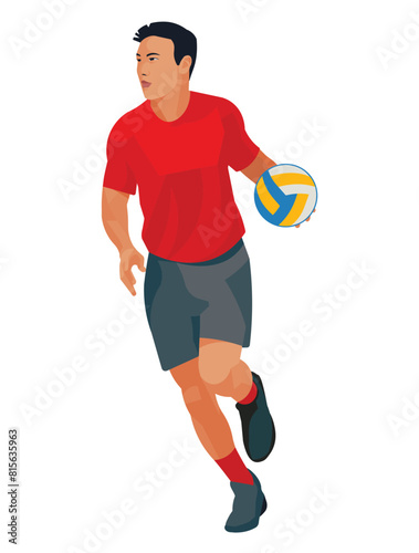 Vector isolated figure of a Chinese volleyball player in red t-shirt who runs with ball for throw it