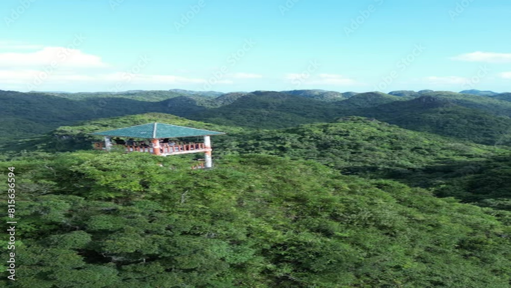 Drone shot of tourists at the mountain viewpoint on Ngu Lam Peak in Cat Ba National Park, Vietnam Drone shot of tourists at the mountain viewpoint on Ngu Lam Peak in Cat Ba National Park, Vietnam