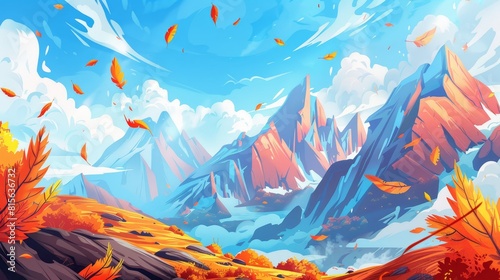 Cartoon autumn landscape with mountains  orange rocky surfaces  blue skies  clouds  snowy peaks  and falling leaves  landscape fall view  modern illustration.