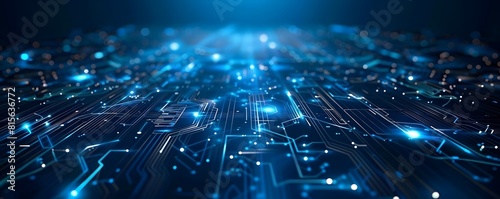A captivating futuristic digital technology abstract background dominated by a brilliant blue hue, adorned with intricate neon lines, geometric patterns and Electronic circuit board lines