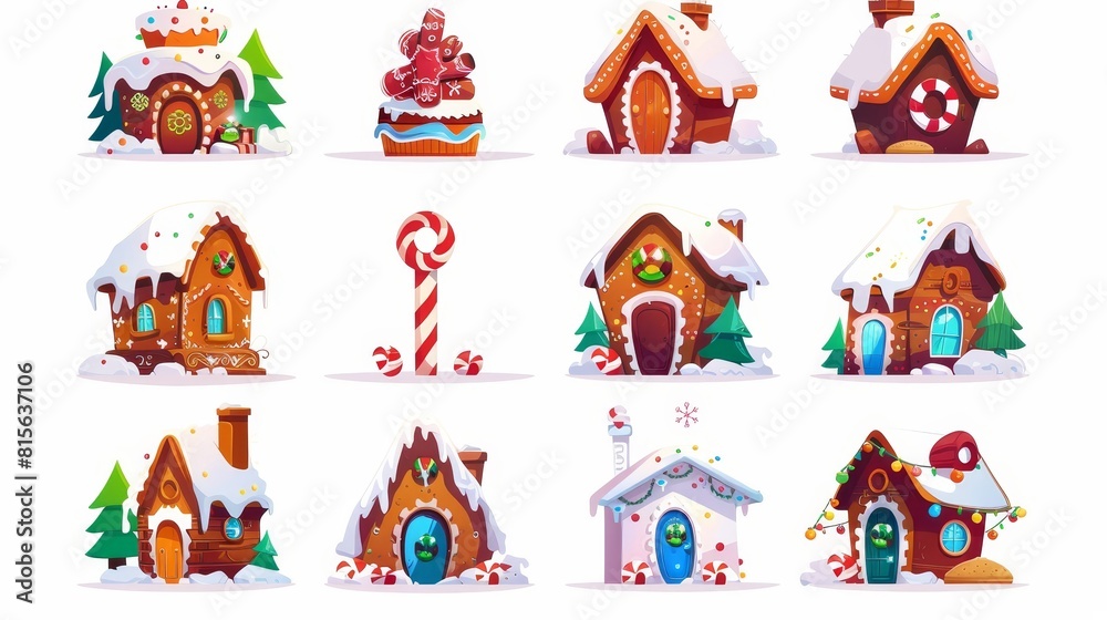 A gingerbread house, chocolate cakes, lollipop, candy cane, bonbons and cookies. Sweet food icons of caramel, cupcakes, fruit jelly, modern cartoon set.