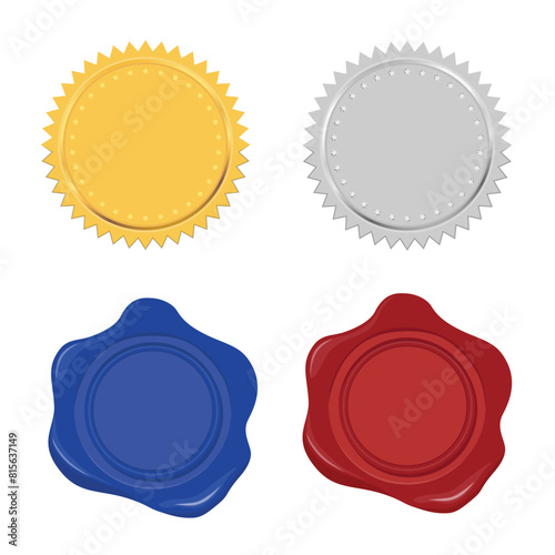 Golden, silver seal stamps and red, blue wax seal set