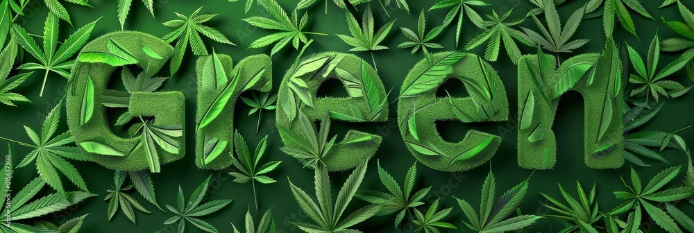 Fototapeta premium Decorative Display of 'GREEN' Using Cannabis Leaves for Eco-Friendly Messaging