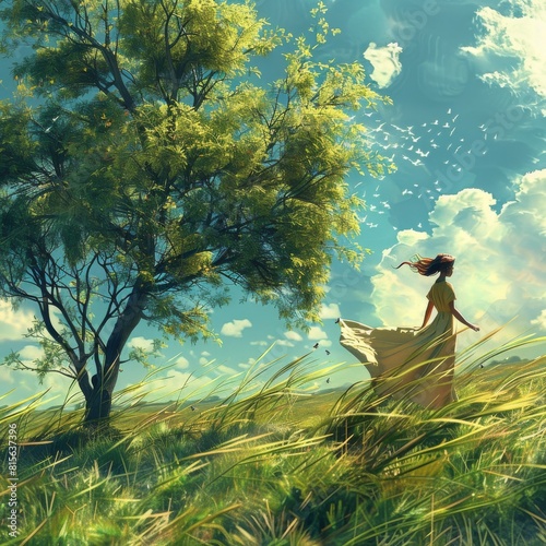 A girl in a grass field in a sunny day