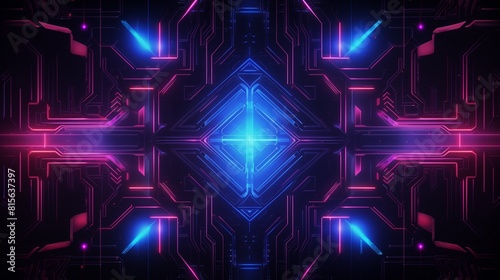 Futuristic neon circuit board design with vibrant pink and blue lights