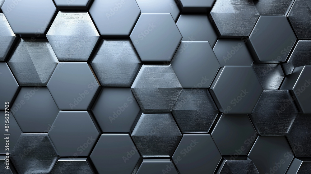 3D background of textured metallic hexagonal tiles in shades of gray with light reflections
