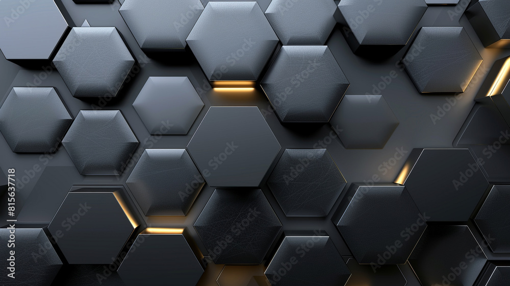 3D Abstract geometric background with black hexagonal shapes and subtle golden lights 3D Abstract geometric background with black hexagonal shapes and subtle golden lights