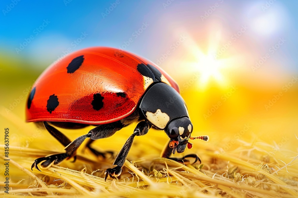 Obraz premium Vibrant ladybug close-up on golden straw under sunny sky