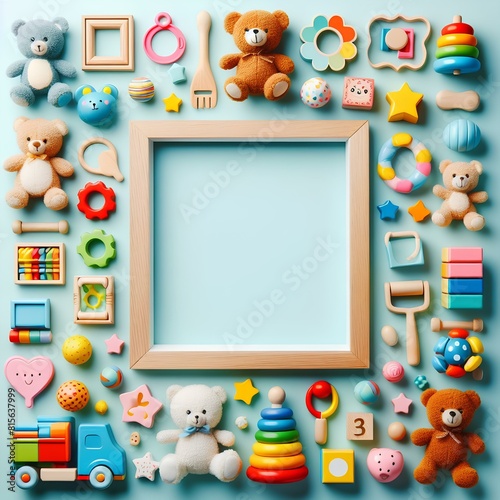 Baby kids toy frame background. Teddy bears, colorful wooden educational, sensory, sorting and stacking toys for children on light blue background. © R-CHUN