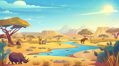 Savanna landscape with sand  trees  cactuses  mountains  waterhole  rhino  hyena  hippo and wildebeest  modern cartoon illustration of an African savannah with a river and wild animals.