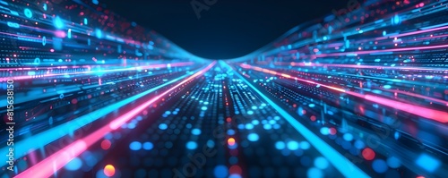 Abstract futuristic technology background of global high speed digital data transfer, ultra fast broadband and connection, digital cyber tech motion with neon lights photo