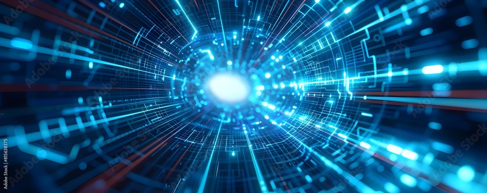 Abstract futuristic technology background of global high speed digital data transfer, ultra fast broadband and connection, digital cyber tech motion with neon lights