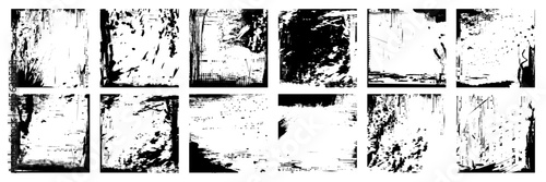 Set of grunge photo frames with black ink distressed texture. Vector overlay template for poster, cover, album. Punk design aesthetic.