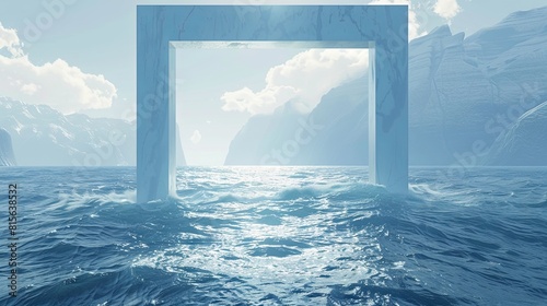 Serene ocean gateway with icebergs and clear blue sky