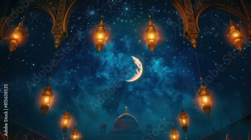 An elegant background depicting a crescent moon and stars against a deep blue sky  with shimmering Ramadan lanterns arranged in a symmetrical pattern and intricate geometric design