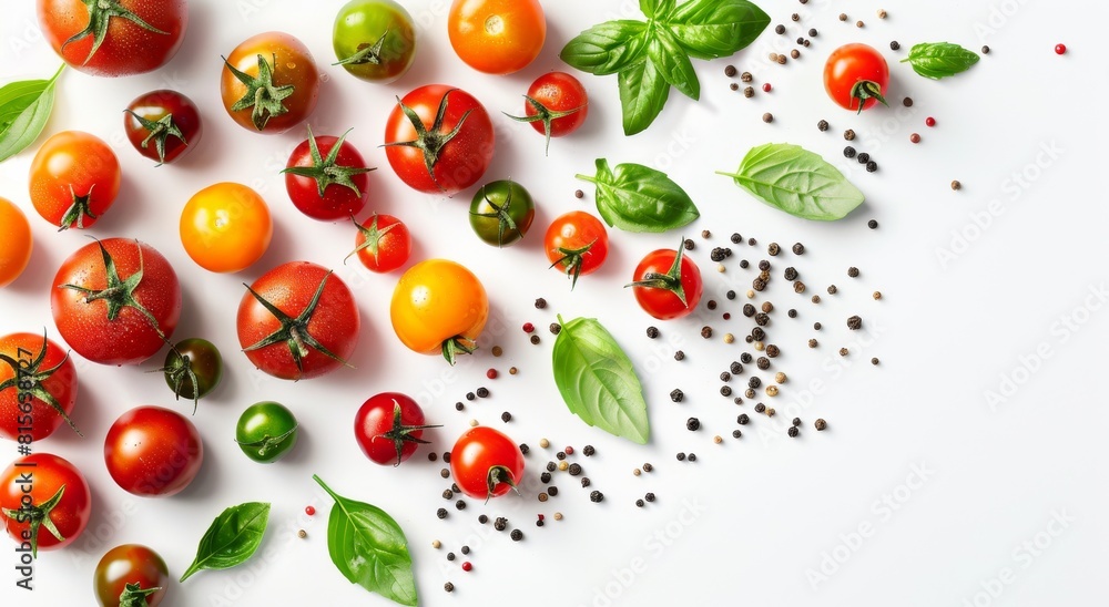 Fresh Assorted Tomatoes with Basil Leaves and Black Pepper on White Background Fresh Assorted Tomatoes with Basil Leaves and Black Pepper on White Background