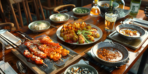 Korean traditional holiday Koreans usually travel to their homeland to meet with relatives autumn thanksgiving day holiday gifts traditional food on the wooden table. photo