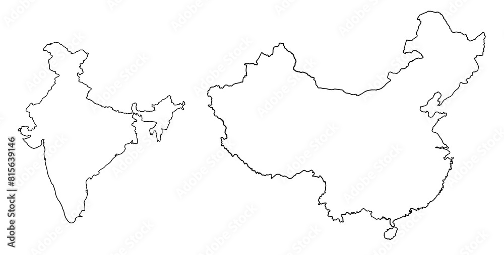 Contour drawing of China and India. Map illustration of Asian countries.	