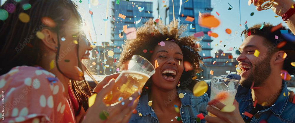Group of friends joyfully celebrating a party, holding beers and surrounded by falling confetti, banner