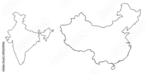 Contour drawing of China and India. Map illustration of Asian countries. 