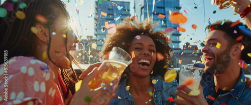 Group of friends joyfully celebrating a party, holding beers and surrounded by falling confetti, banner © - HEIMAT -