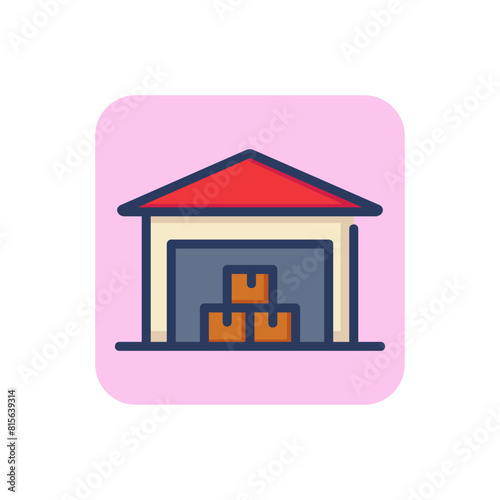 Warehouse with boxes line icon. Parcel, cardboard, building outline sign. Merchandising and storage concept. Vector illustration, symbol element for web design and apps