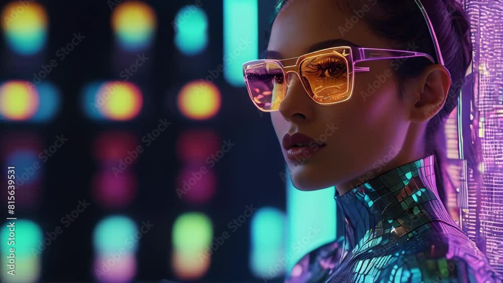 Futuristic Woman Character Portrait. Glamour Shiny Glowing Female in Glasses. Neon Evening Lights on Background. Fashionable Original Bold Surreal Avatar Wallpaper Futuristic Woman Character Portrait. Glamour Shiny Glowing Female in Glasses. Neon Evening Lights on Background. Fashionable Original Bold Surreal Avatar Wallpaper