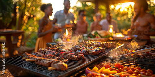 Friends enjoy a vibrant sunset barbecue party, great for lifestyle and social gathering themes.