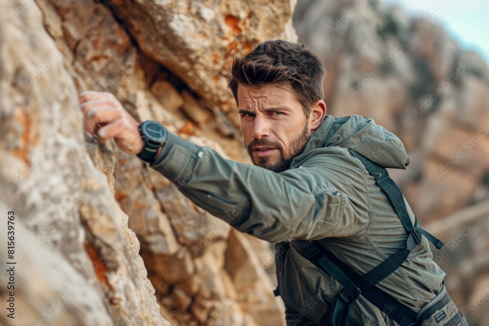 Handsome man climbing a rocky mountain looking at camera Handsome man climbing a rocky mountain looking at camera