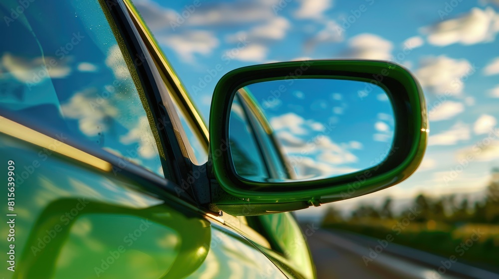Green car viewed in the rear mirror against a backdrop of the blue sky Green car viewed in the rear mirror against a backdrop of the blue sky