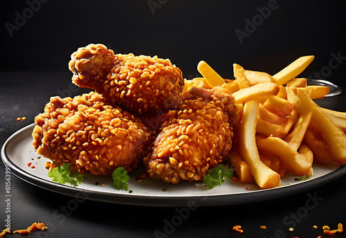 A plate of broasted fried chicken and fries, Generative AI
