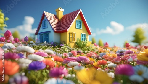 A charming cottage with a vibrant flower garden in full bloom. The distant flowers blur 