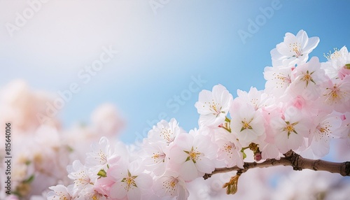 A gentle spring scene with pastel-colored cherry blossoms against a clear blue sky. 