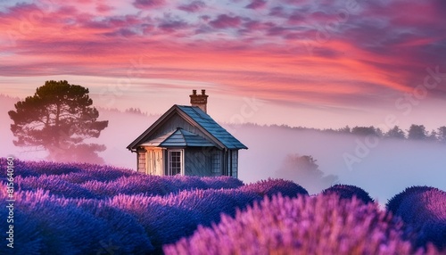 A quaint cottage adjacent to a field of blooming lavender under a clear sky. 