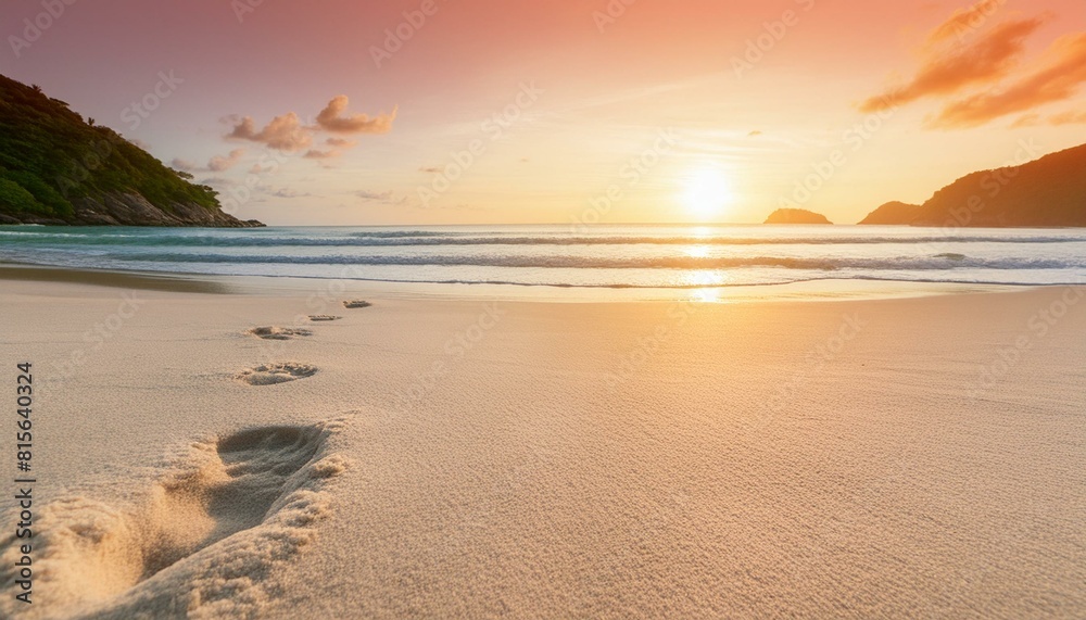sunset at the beach. A serene beach scene at sunset, featuring gentle orange and pink hues in the sky blending