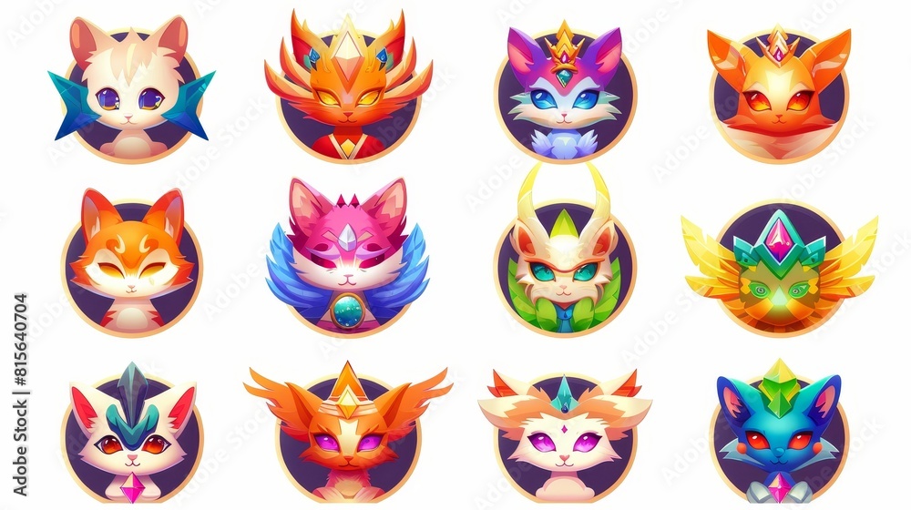 Set of cartoon modern illustration of round game avatars with animal ...