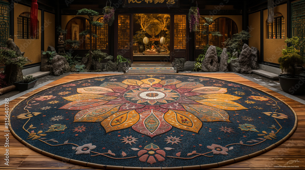 Obraz premium A dramatic photograph capturing the serenity of a Zen sand mandala, with intricate patterns and symbols meticulously crafted by skilled monks using colored sand, only to be swept a