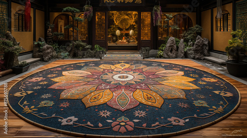 A dramatic photograph capturing the serenity of a Zen sand mandala, with intricate patterns and symbols meticulously crafted by skilled monks using colored sand, only to be swept a