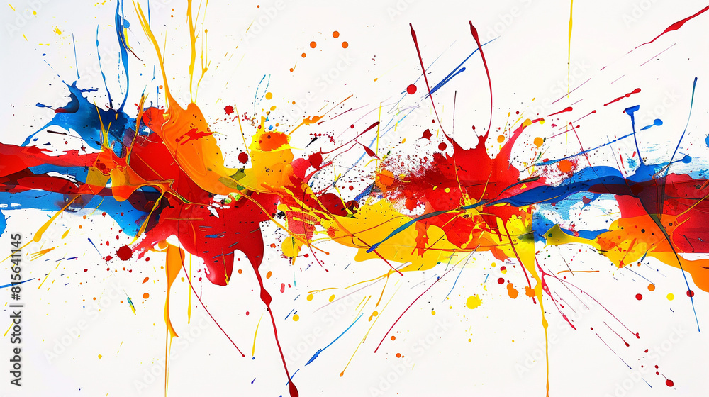 Bold splatters of primary colors, creating a dynamic and energetic abstract design on a white background.