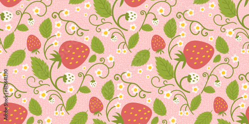 Design of a seamless strawberry pattern with adorable berries, flowers, green leaves. Repeated surface design applicable for baby clothing, textiles, wrapping paper, and additional purposes.