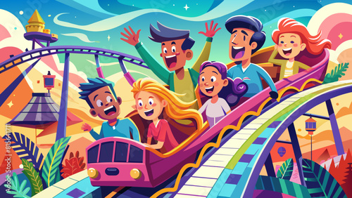 Exciting Amusement Park Adventure with Happy People Riding a Roller Coaster