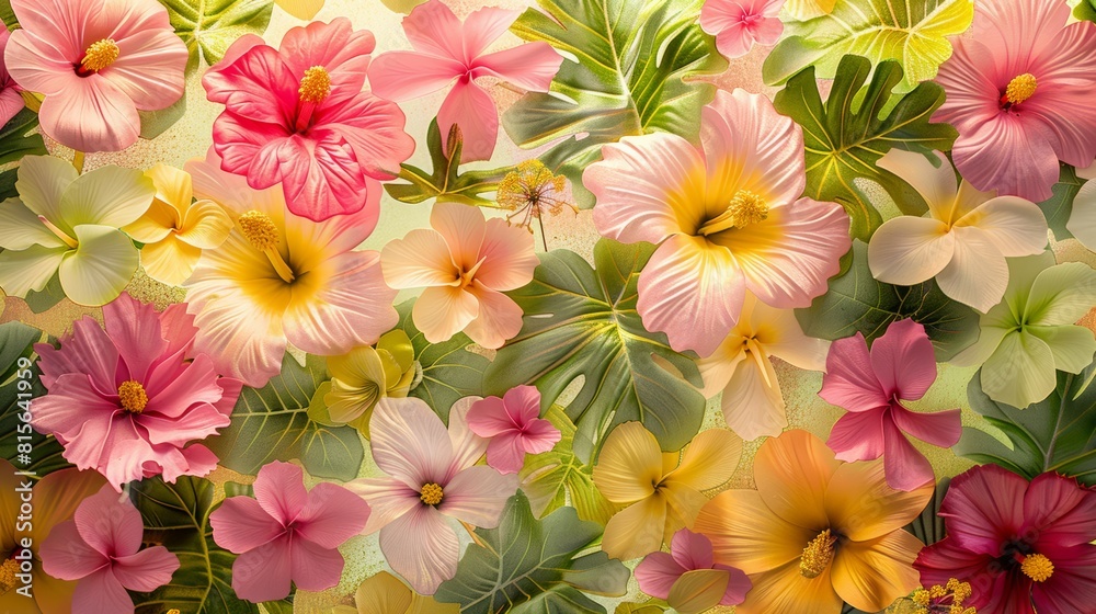 An intricate pattern featuring tropical flowers and foliage, in vibrant pinks, yellows, and greens. An intricate pattern featuring tropical flowers and foliage, in vibrant pinks, yellows, and greens.