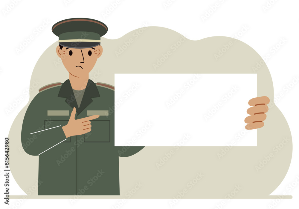 A man in a military uniform is holding a large white sheet of paper that could be a place for text. Vector flat illustration