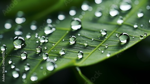  Water droplets glisten on a green leaf,