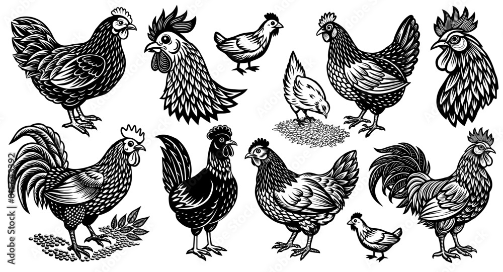 Fototapeta premium Chicken, hen and roosters in various poses, farming animals and birds in a rustic engraving linocut style, agricultural design purposes