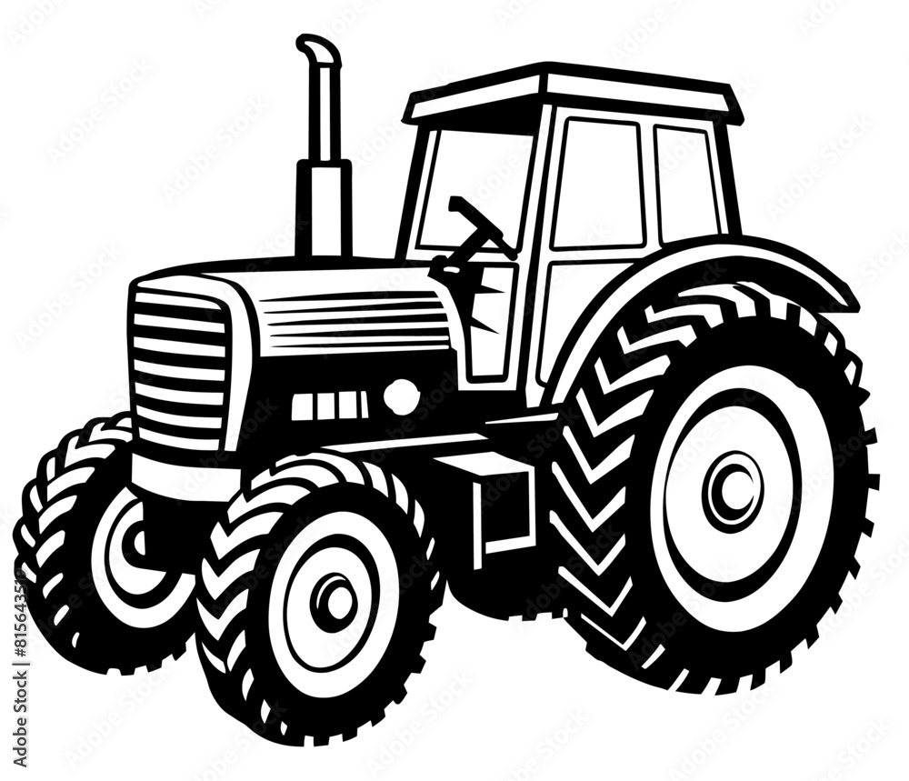 Black and white line art illustration of a vintage tractor with detailed design showcasing the classic agricultural machinery, perfect for farmingthemed projects and oldfashioned rural imagery