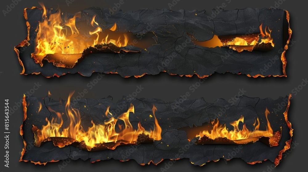 Fire on burnt paper edges. Modern realistic set of frames with yellow flames, ash and scorched edges of pages or parchment sheets on transparent background Fire on burnt paper edges. Modern realistic set of frames with yellow flames, ash and scorched edges of pages or parchment sheets on transparent background